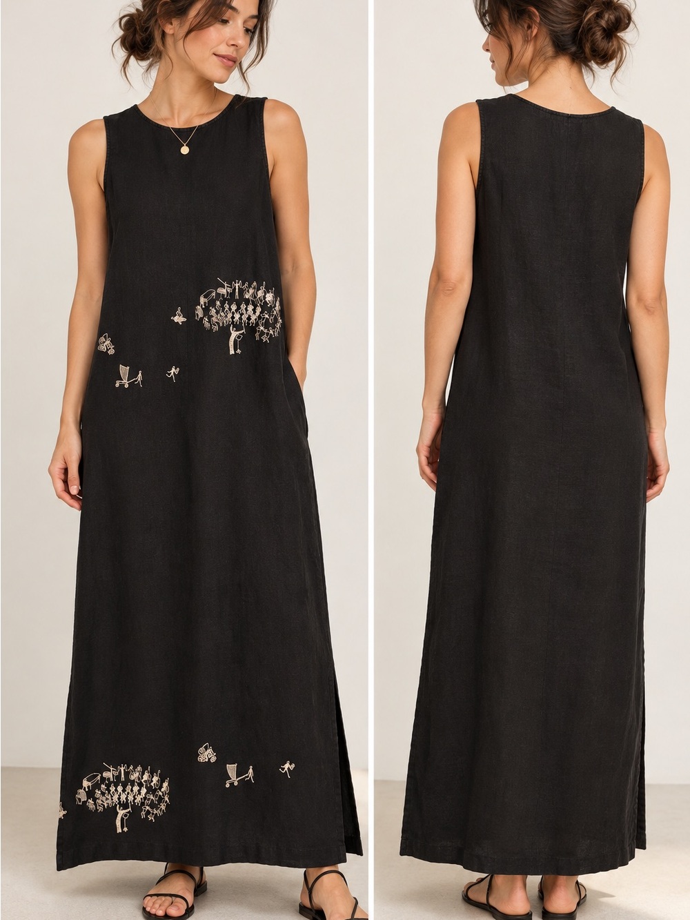 David Dart Collection Black Linen Maxi Dress Embroidered Musicians Artsy Size M